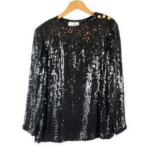 Vtg 1980s Jeanette For St Martin Black Sequin Top Gold Buttons Eveningwear S/M